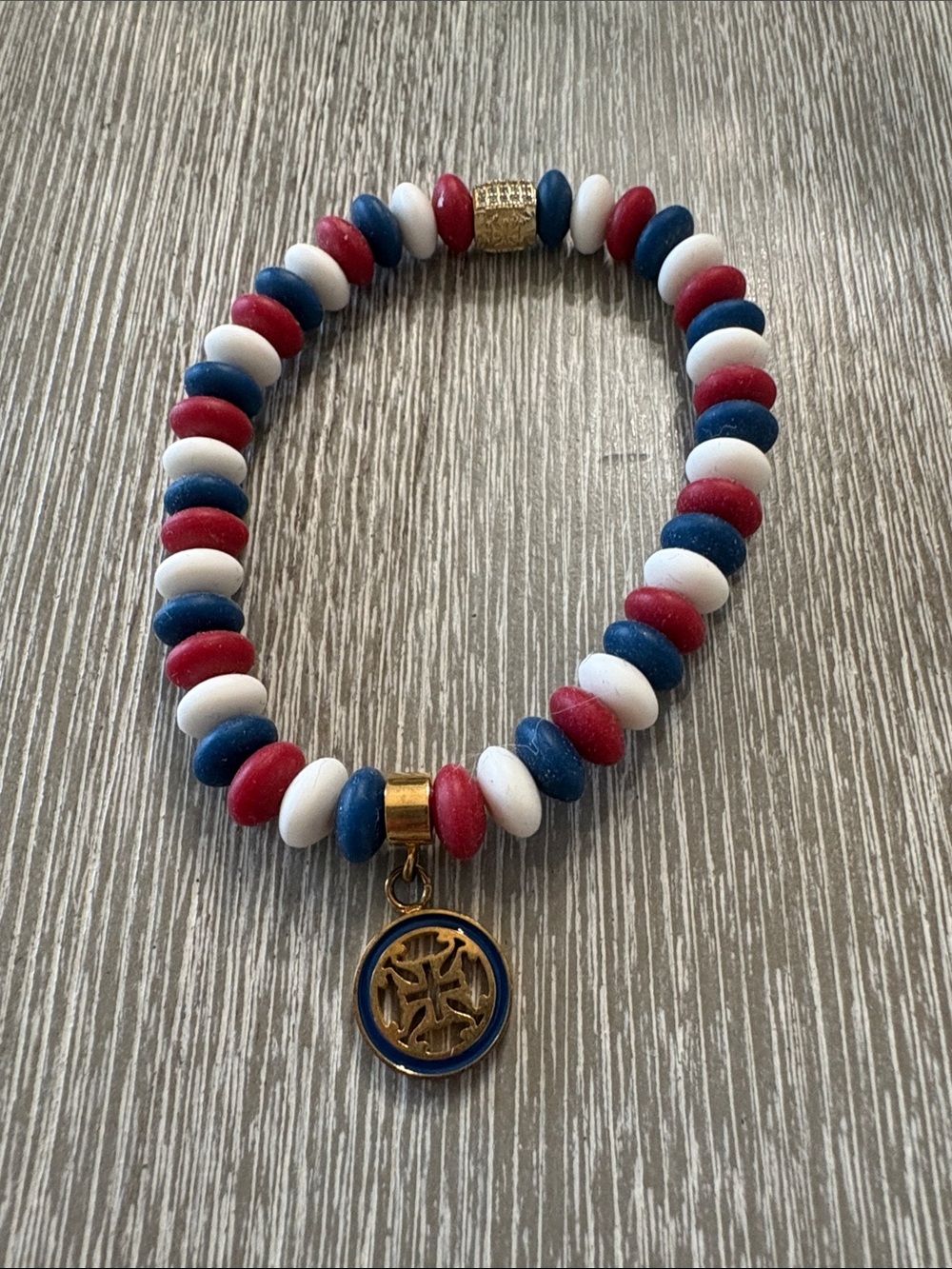 Rustic Cuff Red, White & Blue Beaded Necklace with Gold Charm